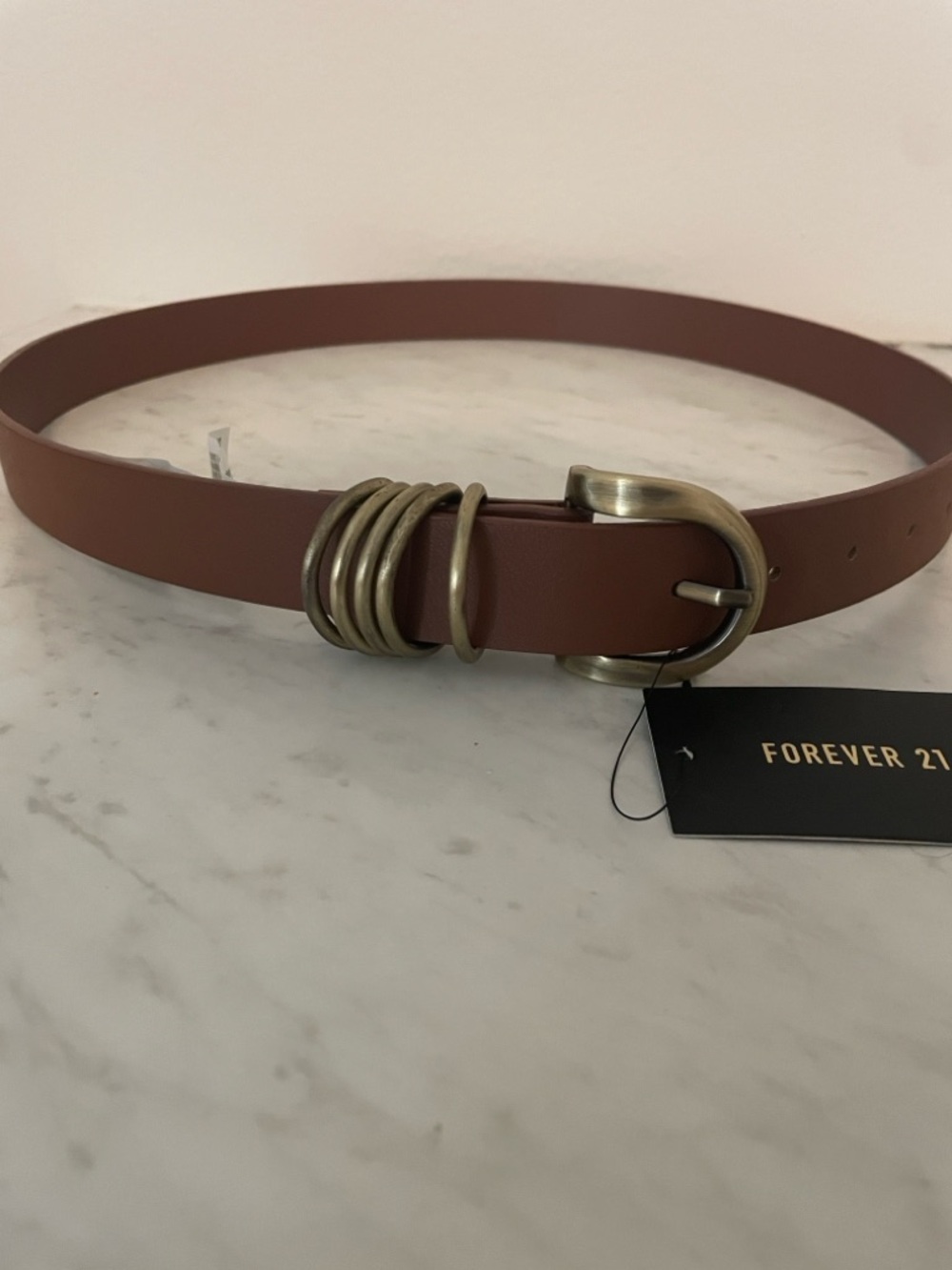 Forever 21 Women's Tan Faux Leather Belt with Antique Gold Hardware